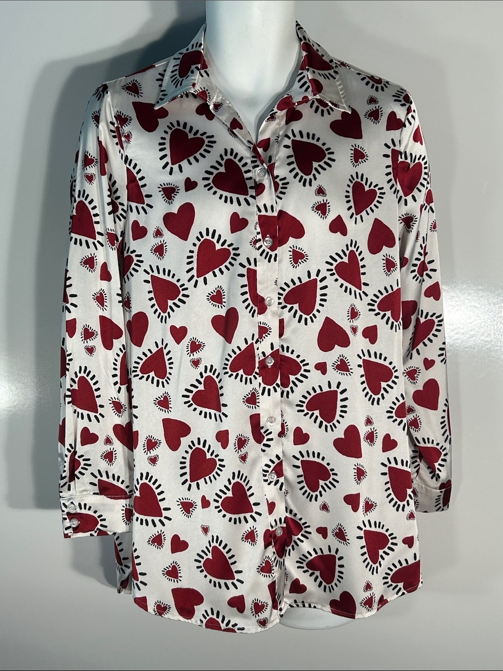 Lulumari SZ M Silky Red Heart Print Festive Artsy Novelty Whimsical Valentine